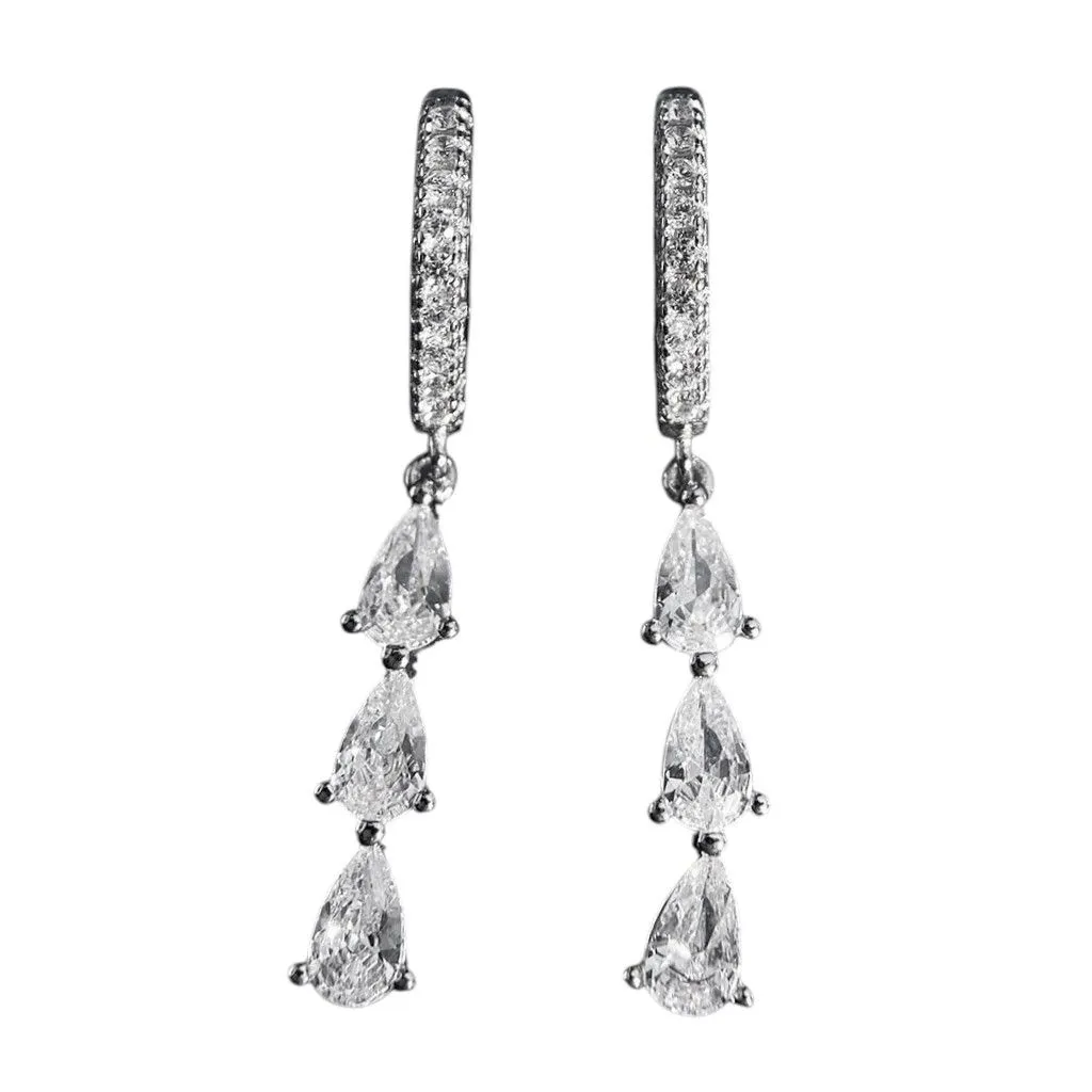 Elegant Triple Teardrop Rhinestone Dangle Earrings - Silver