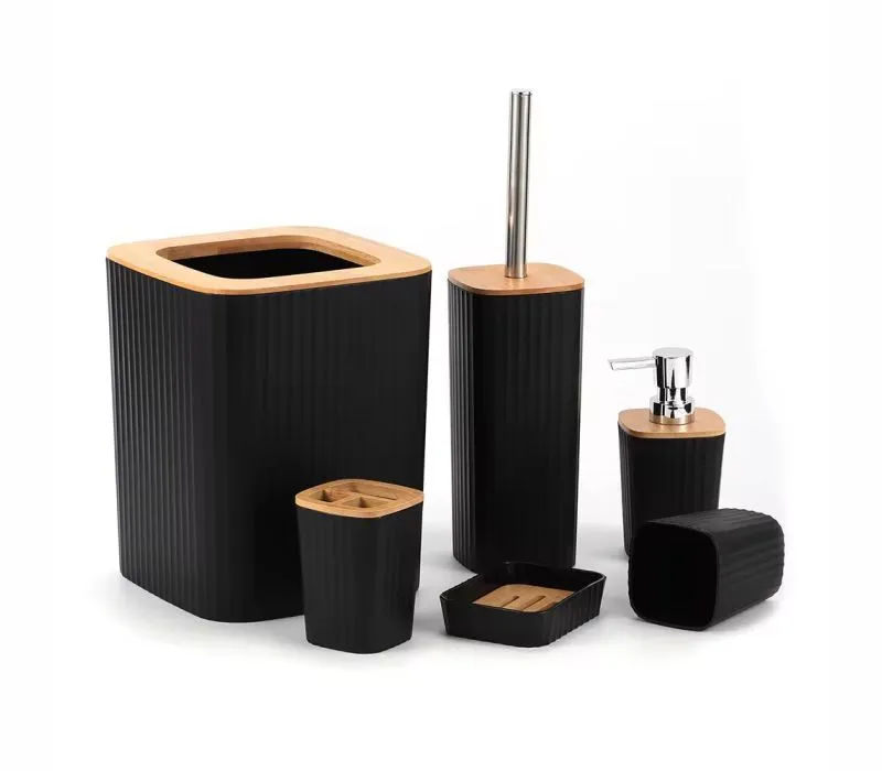 Bamboo Lid Bathroom Accessories Set 6 Piece - Black