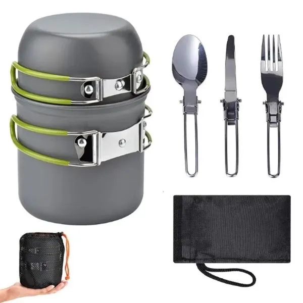 5PCS Ultralight Camping Pot with Tableware Protable Camping Cookware - Green