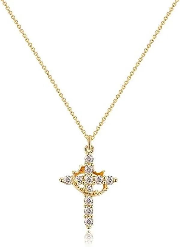 Stainless Steel Cross Rotated Crown Necklace for Women - Silver Stylish - Gold