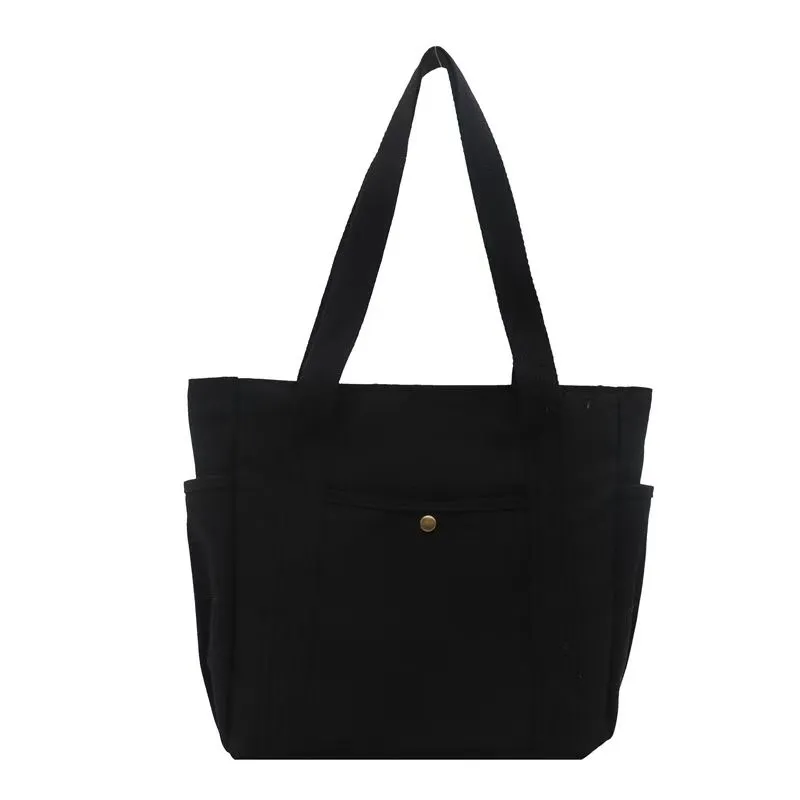 Large Capacity Canvas Multifunctional Shoulder Tote Bag Pockets-Black
