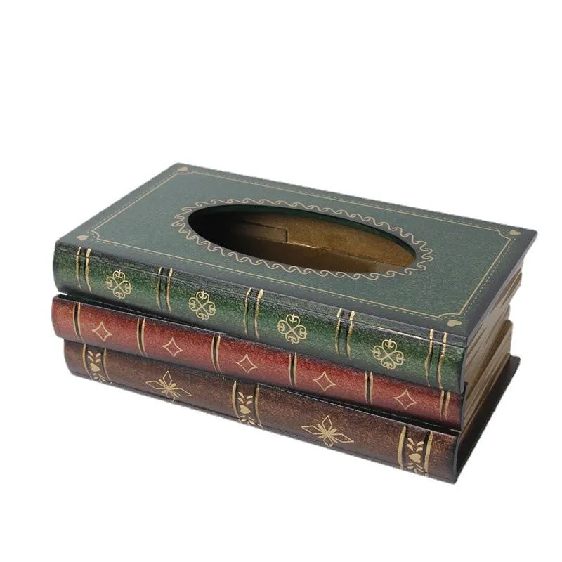 Retro Wooden Book Tissue Box Cover: Rectangular Holder for Home, Car - Green