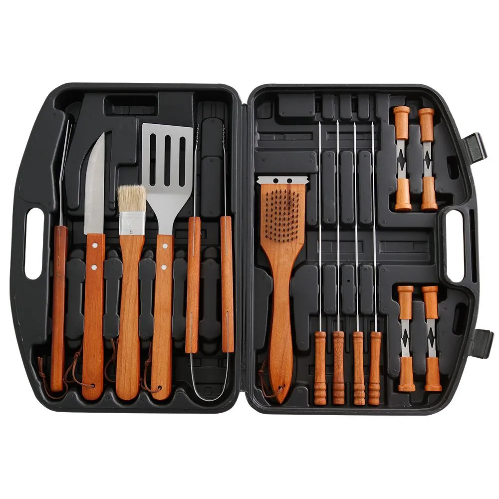 18 Piece Deluxe Wood-Handled BBQ / Braai Tool Set In Carry Case