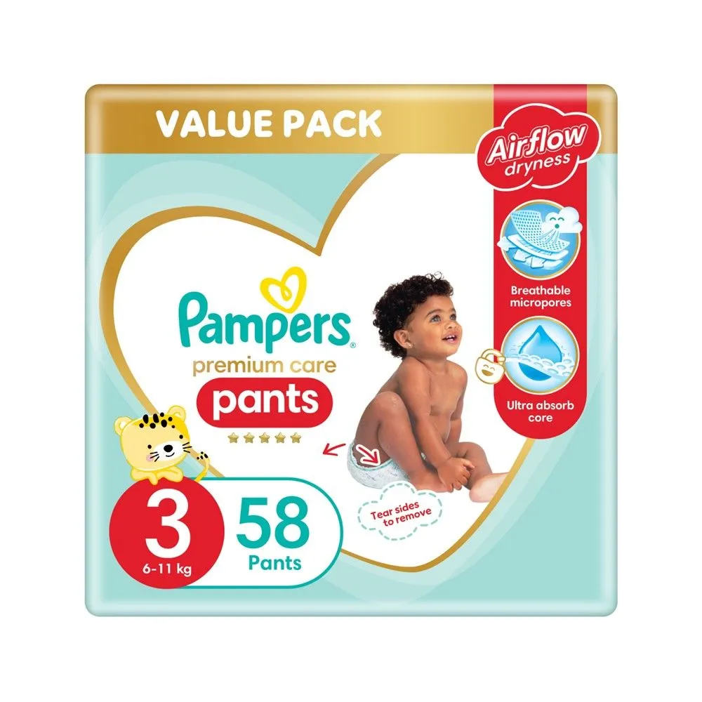 Pampers Premium Care Pants Size 3 (6-11kg) 58 Nappies, Airflow Skin Comfort