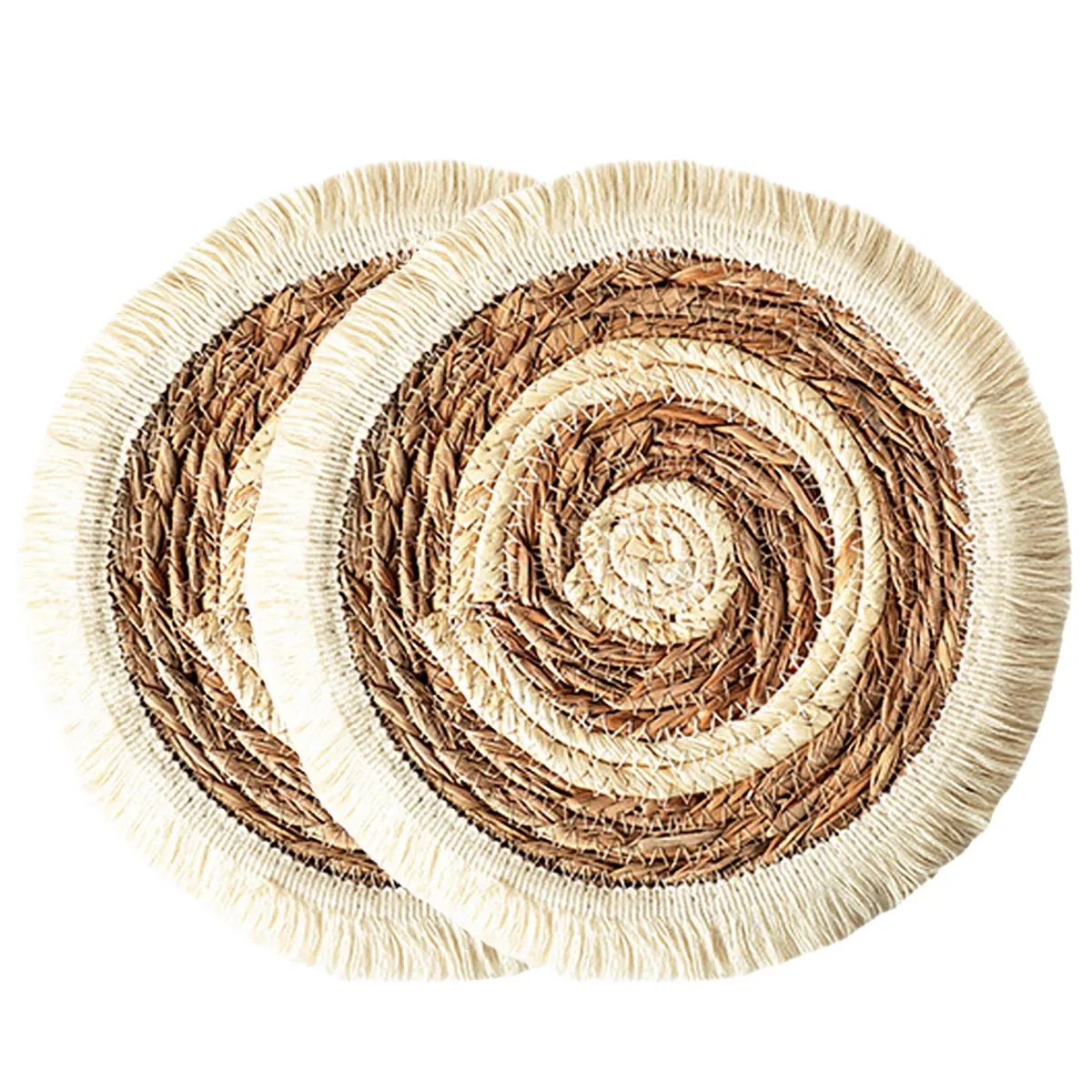 2 Pack Natural Woven Grass Tassel Heat Insulation Placemats - Small 25cm