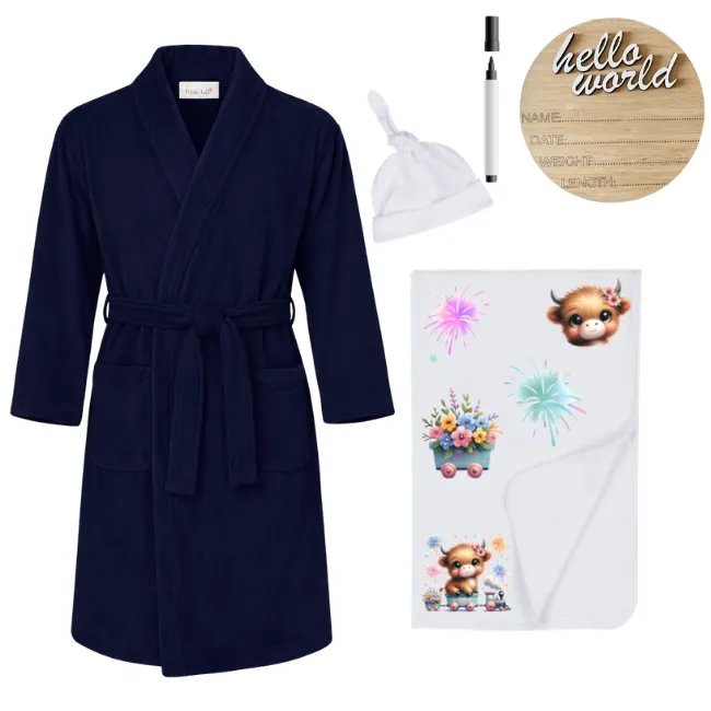 Hospital Set-Mom&Me-Winter Gown, Swaddle & Birth Ann-Navy-HIGHLAND COW GIRL