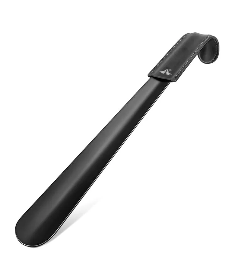 ALANES 40cm Stainless Steel PU Leather Handle Shoe Horn - Black