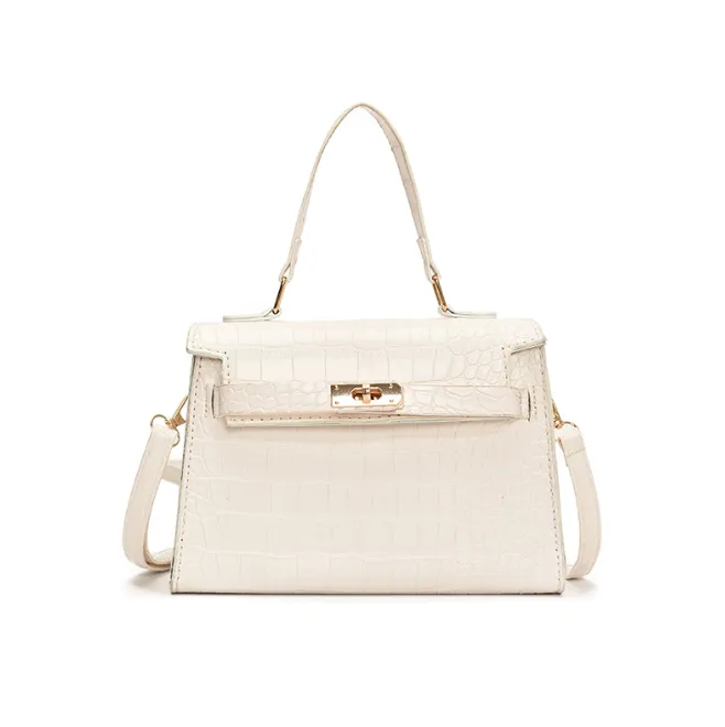 White Crocodile-Print PU Kelly Bag (Compatible with Casual/Party Outfits)