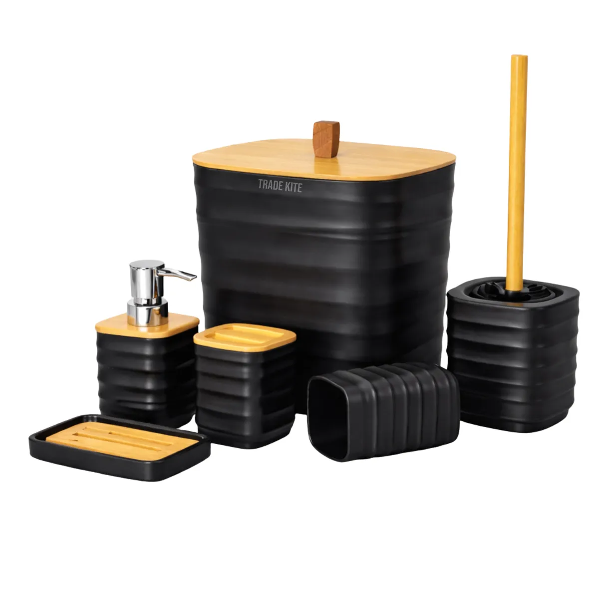 6-Piece Bathroom Accessories Set, Modern Design with Bamboo Lids - Black