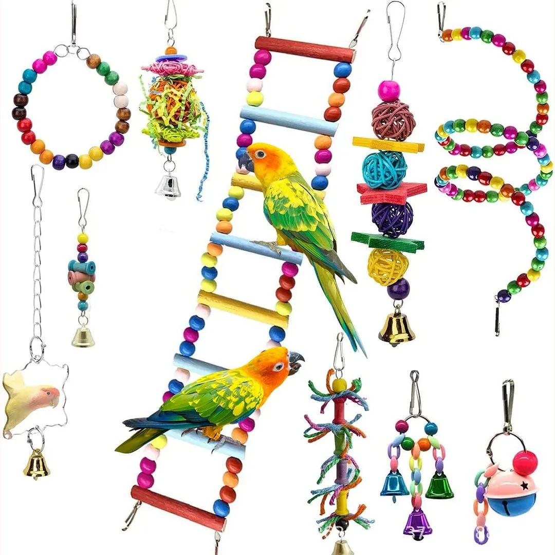 10Piece Bird Toys Set Parrot Swing Standing Hanging Bell Parakeet Cage Toys