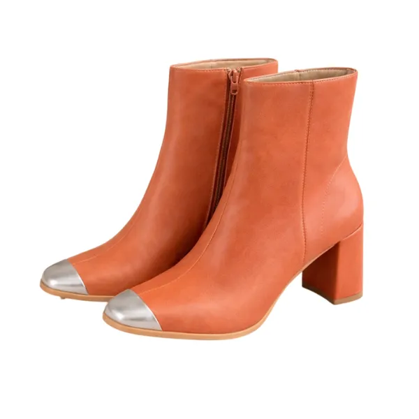 Ladies Metal Toe Block Heel Ankle Boots - Orange - EU 40