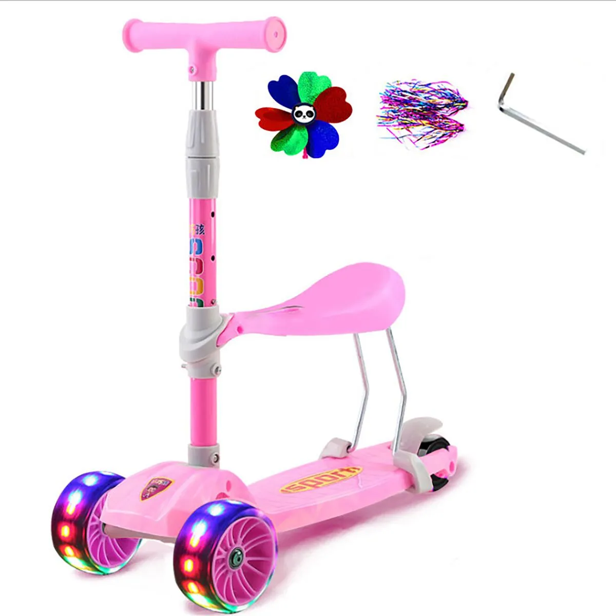 Folding Kids Scooter Tricycle Ride Toys With Flashing Light Wheels - Pink