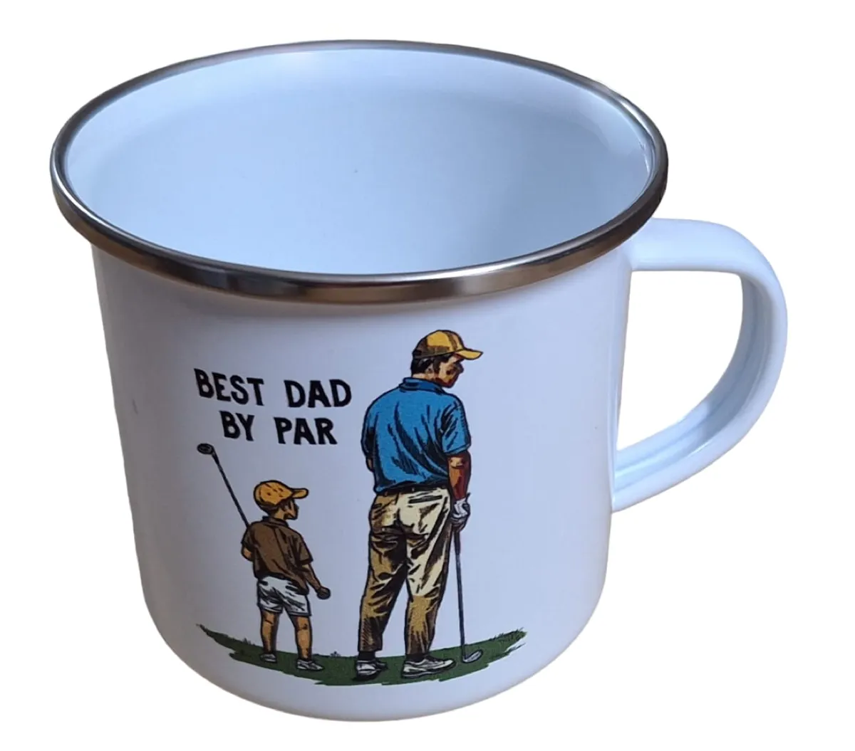Beautiful Enamel Mug - Best Dad - Man & Boy with Golf Clubs