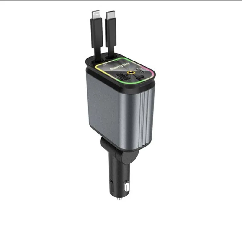 Dual Retractable Car Charger with Starry Light, USB-C and 8-Pin Cable