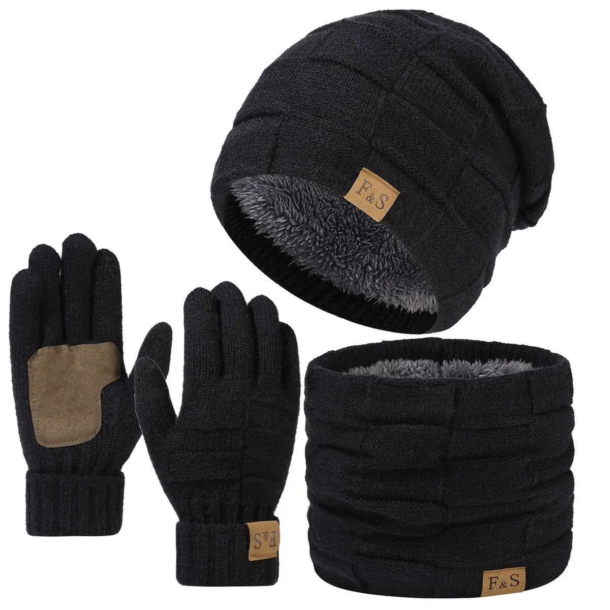 Men Women Winter Knitted Beanie Hat, Scarf, And Gloves Set - Black