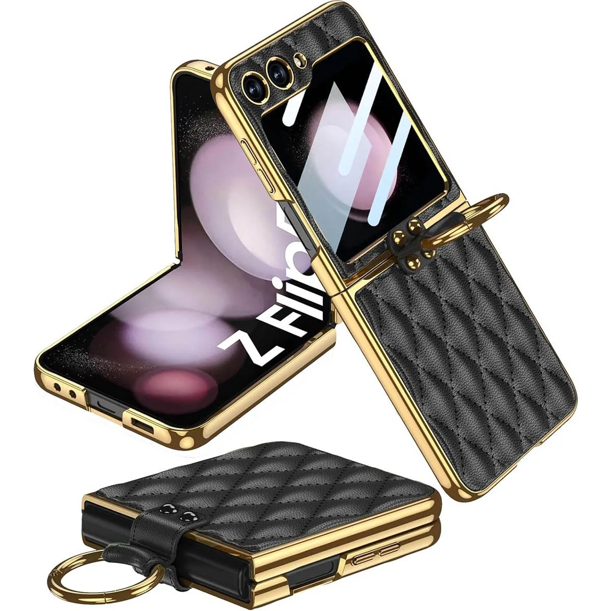 Phone Case Compatible With Samsung Z Flip 6 Leather Ring Protect Case - Black