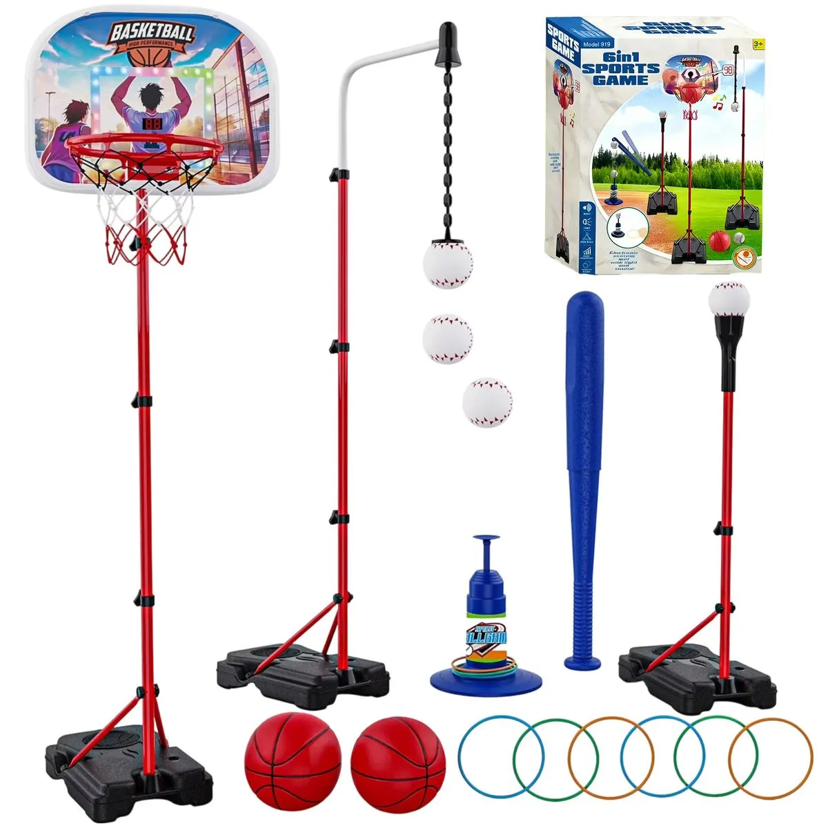 6-in-1 Kids Basketball Hoop&Ball Set Sports Gift with Electronic Scoreboard