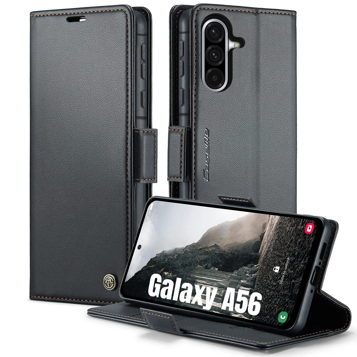 Retro Flip Case Compatible with Samsung Galaxy A56 Leather Wallet Cover - Black