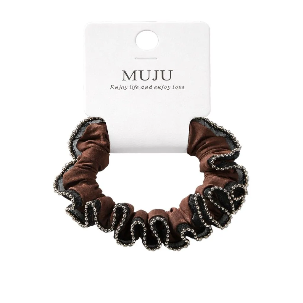 2 Pack - Elegant Beaded Edge Satin Scrunchie - Brown
