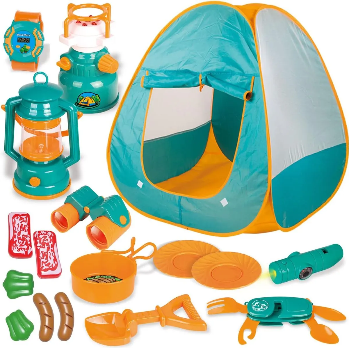 Outdoor Toys for Kids, Pop Up Play Tent with Camping Gear and Tools Set