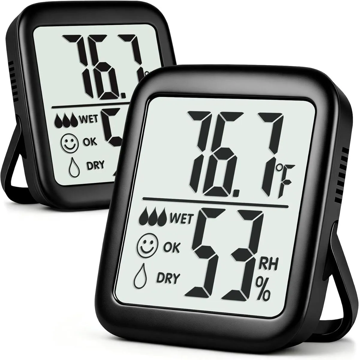 2 Pack Indoor Temperature Humidity Monitor with Stand, Digital Display - Black