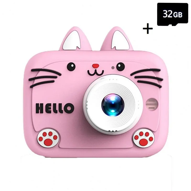 Aerbes Mini 40MP 1080P Children's Cartoon Cat Digital Camera + 32GB MicroSD - Pink
