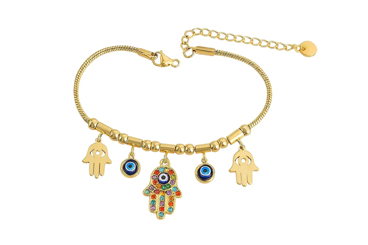 Gold Hamsa & Evil Eye Charm Bracelet-Colourful Crystal Protection Bracelet