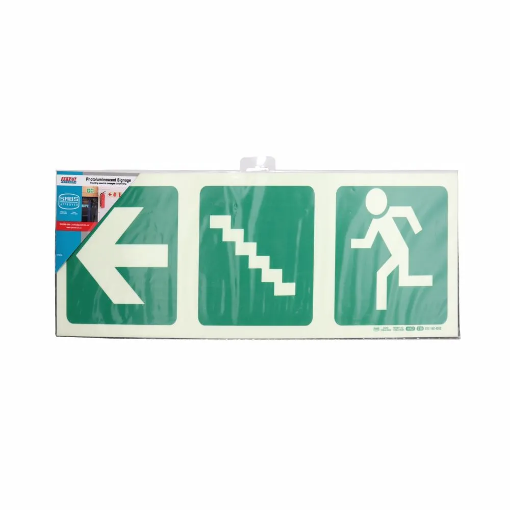 Parrot Photoluminescent Safety Sign (Arrow, Stairs + Running Man) E19-190mm