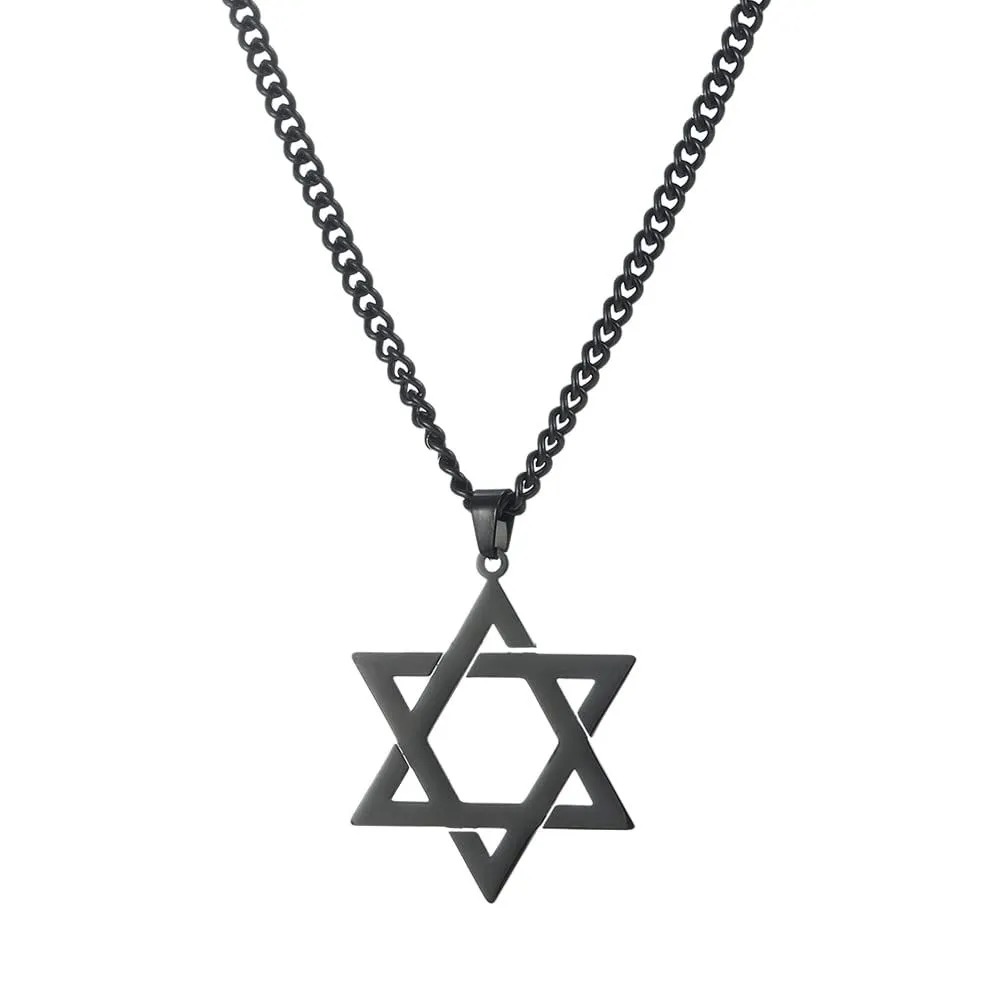 Star of David Pendant Necklace Solomon Six-Pointed Star Talisman Stainless - Black