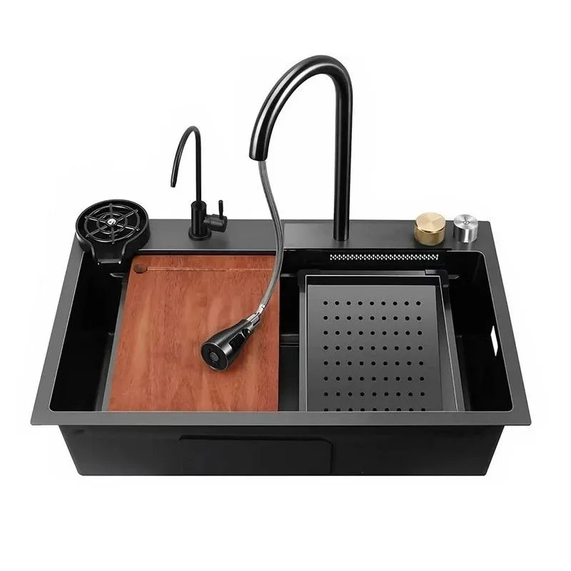 Modern Kitchen Sink Workstation Waterfall Nano Coated Steel with Cup Washer