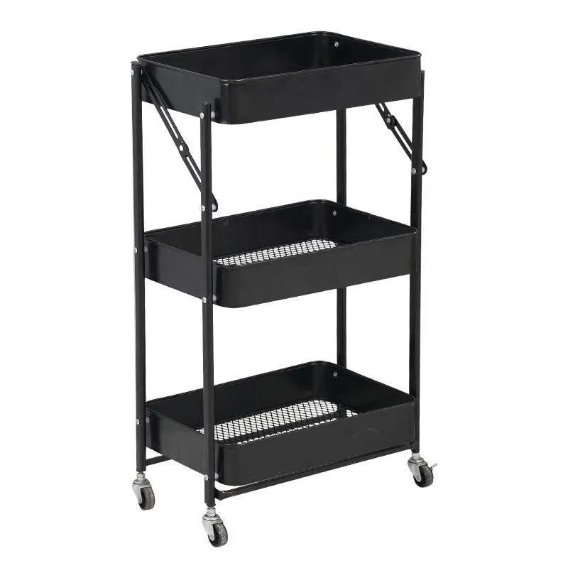 Foldable 3-Tier Utility Trolley with 360-Degrees Turning Wheels - Black