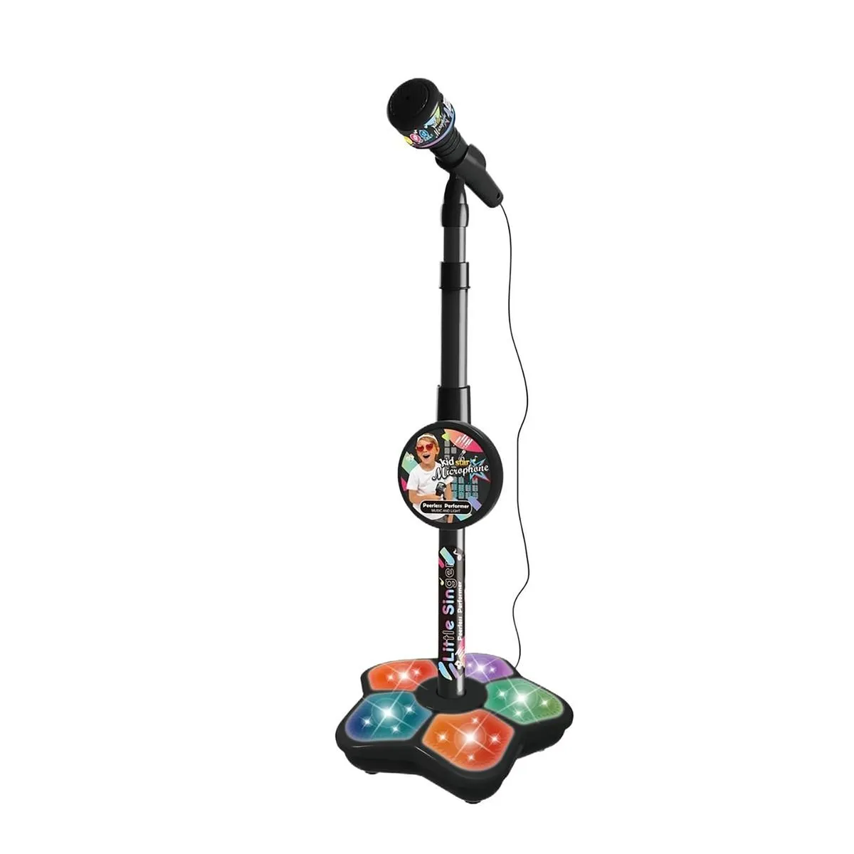 Deluxe 5-Light Kids Microphone Toy - Karaoke Stand - Black