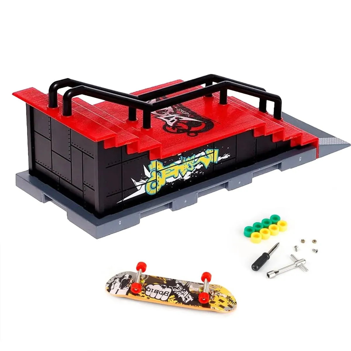 Finger Skateboard Park Ramp Set with Stairs Handrail & Mini Board for Kids