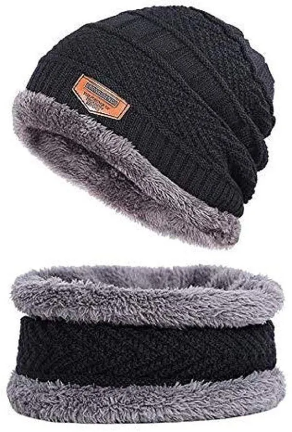 Unisex Winter Woolen Unisex Beanie Cap With Neck Warmer - Black