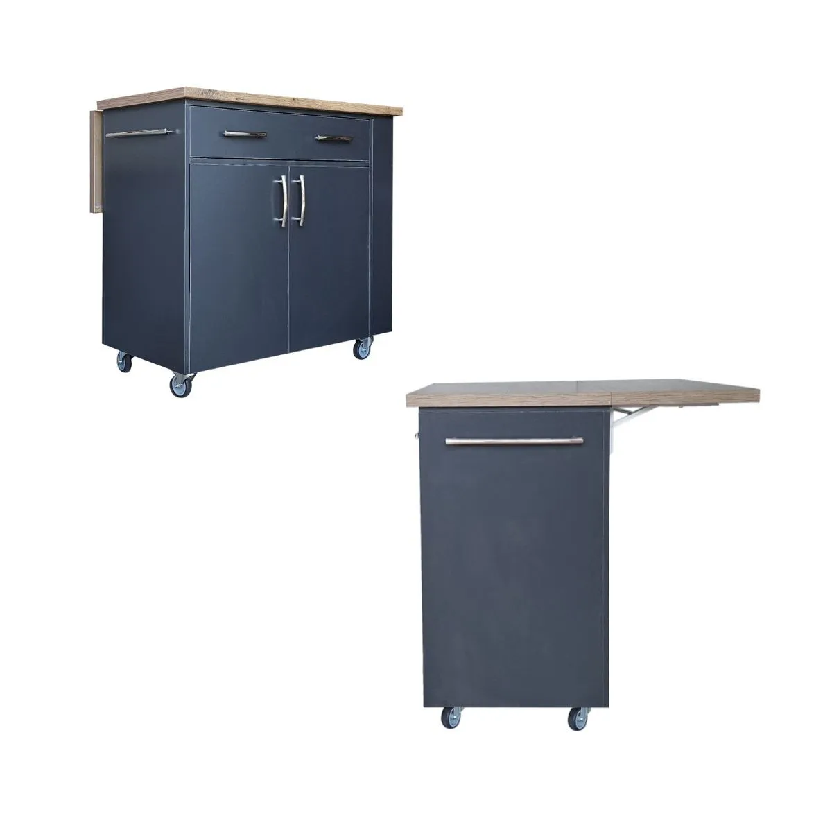 Large Kitchen Island on Wheels, Fold-Out Table & Shelves -Midnight Kalahari