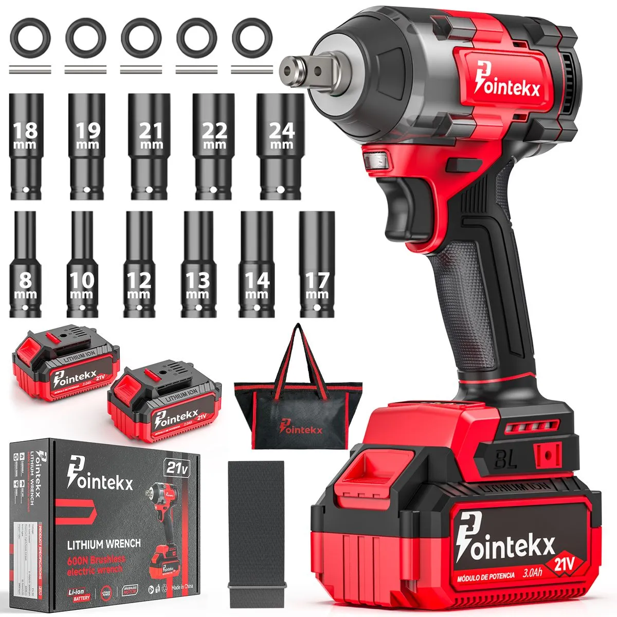 POINTEKX 21V 600NM Impact Wrench Cordless Brushless with 2 Battery