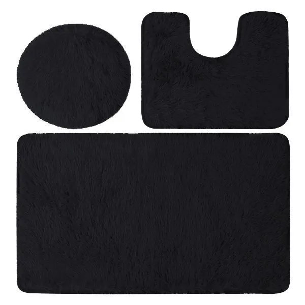 Yax 3 Piece Toilet Seat & Bathroom Mats Set - Black