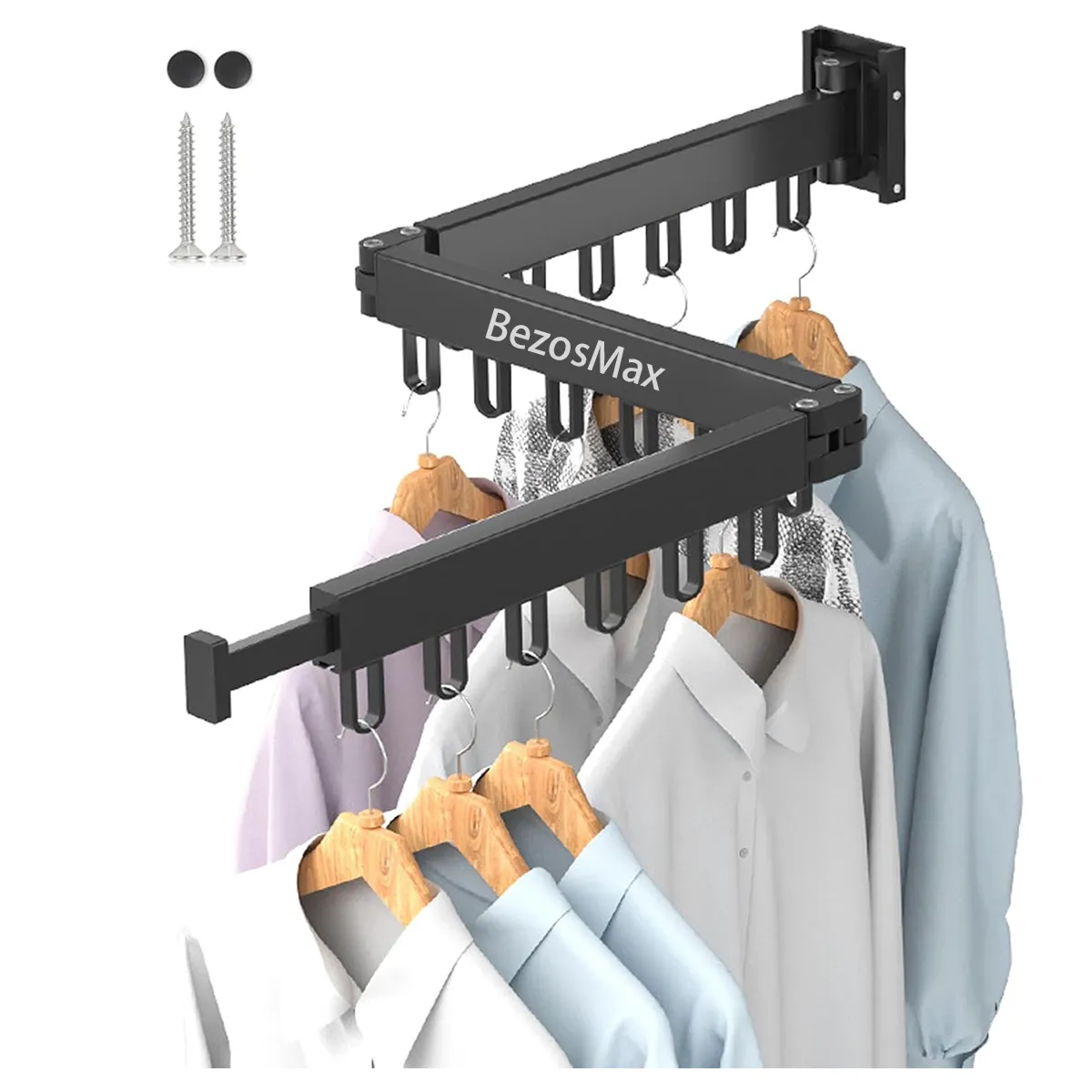 BezosMax 3 Fold Retractable Wall Mounted Clothes Drying Rack with 18 Hooks
