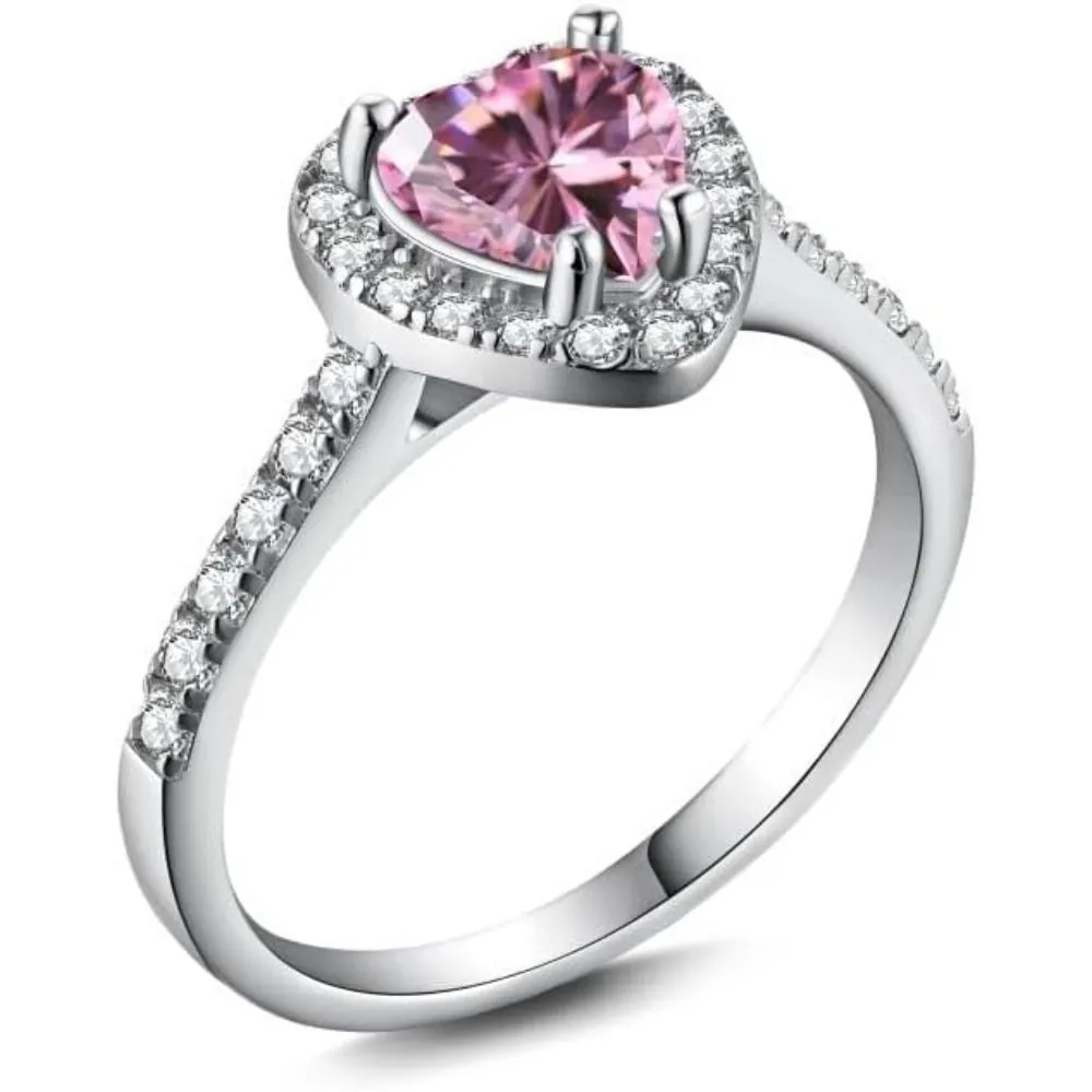 Halo Heart Engagement Rings for Women,Pink Cubic Zirconia Heart WeddingRing