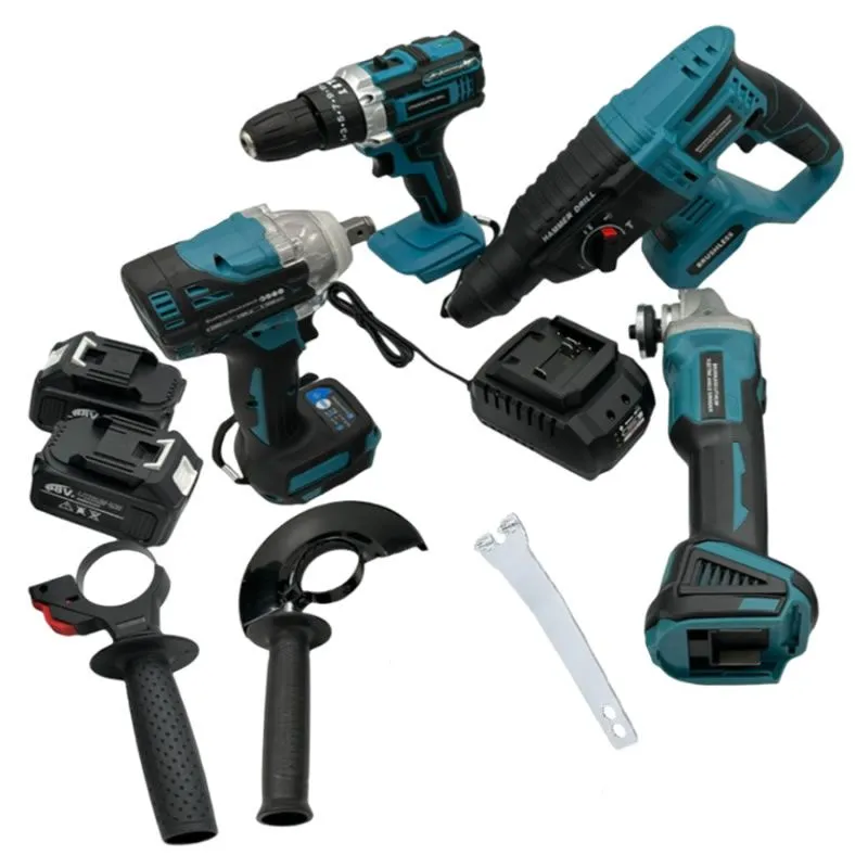 4Pcs Heavy Duty Power Tool Set 2 Battery Packs Cordless Drills AG-61