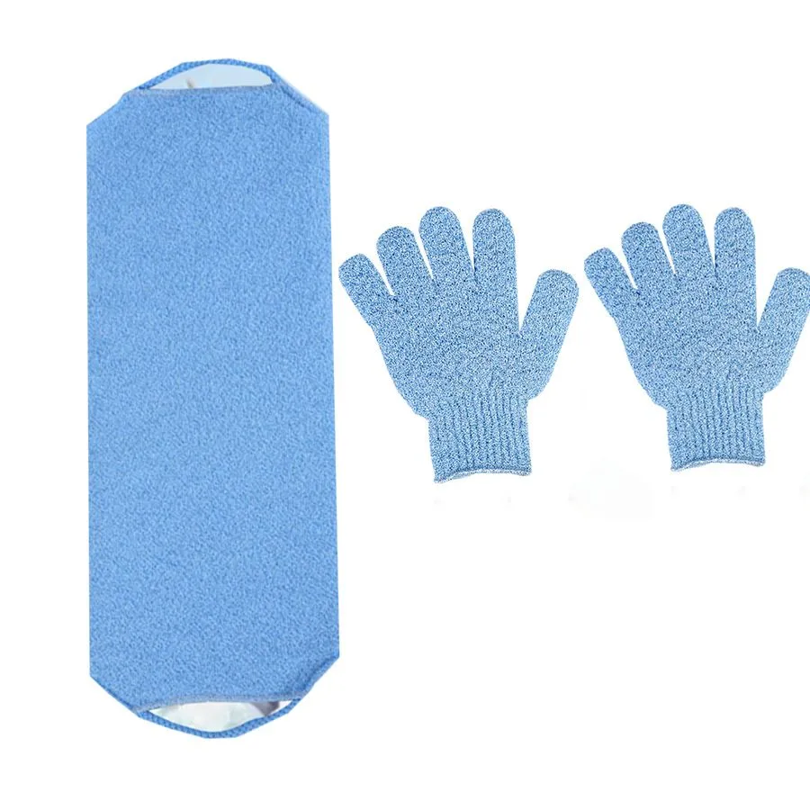 Exfoliating Bath Set- Shower Gloves Sauna Towel for Deep Cleansing - Blue