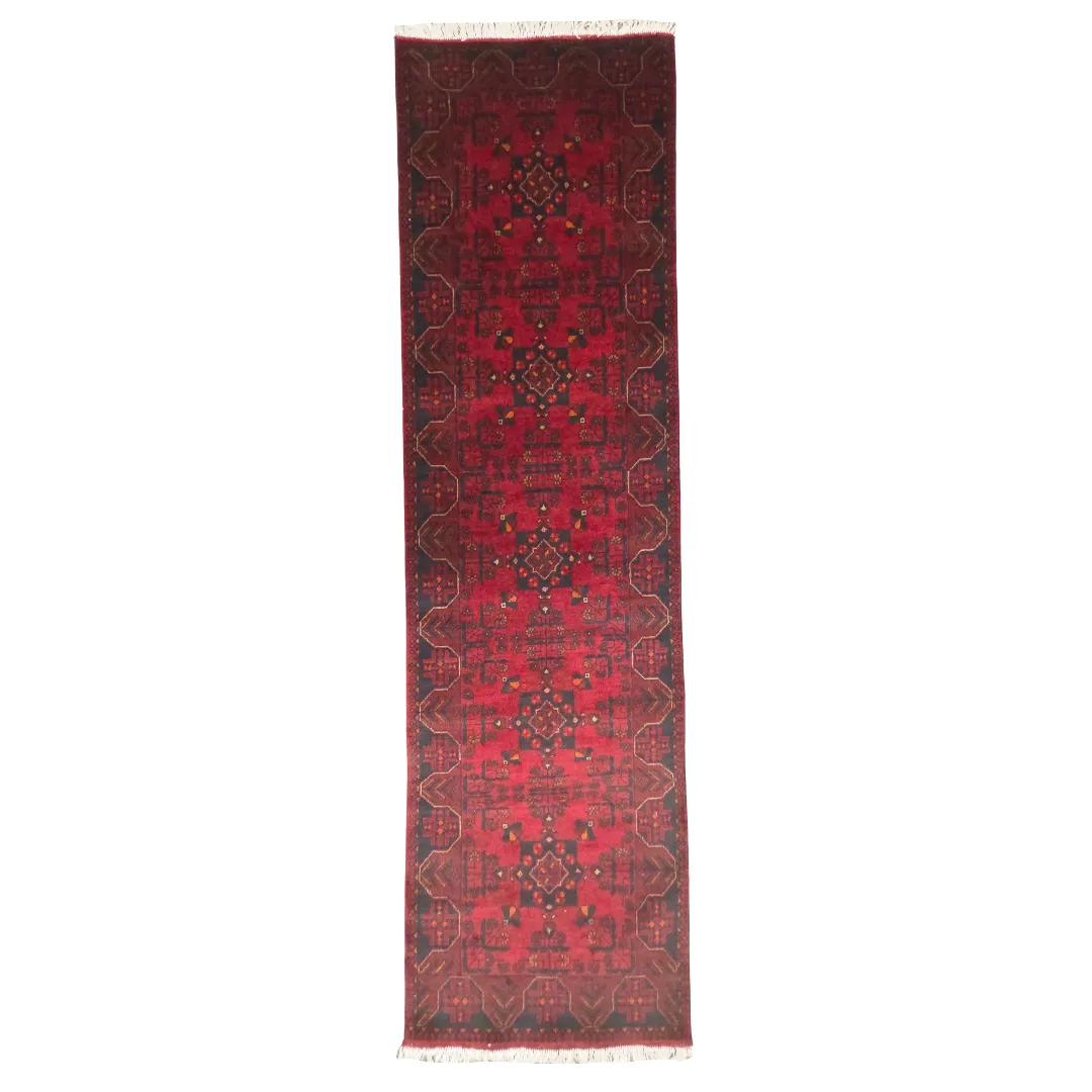 299 x 81cm Hand Made Deep Red & Black Turkmen Afghan Runner Rug