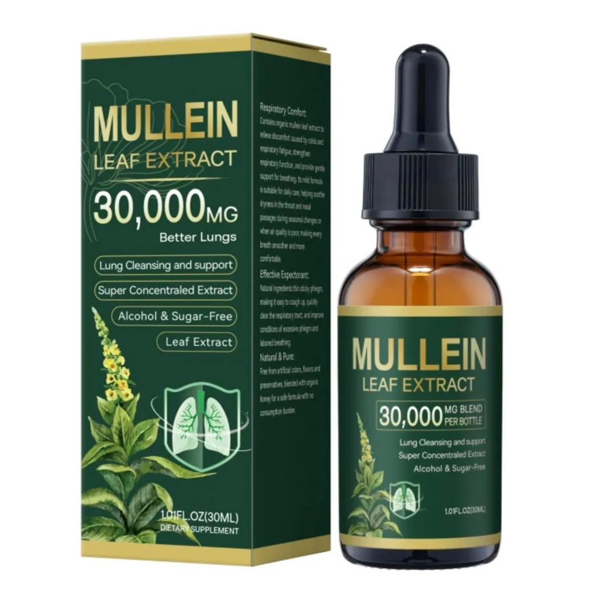 Mullein Drops for Lungs, Mullein Leaf Extract Supplement, Lung Cleanse - 1pc
