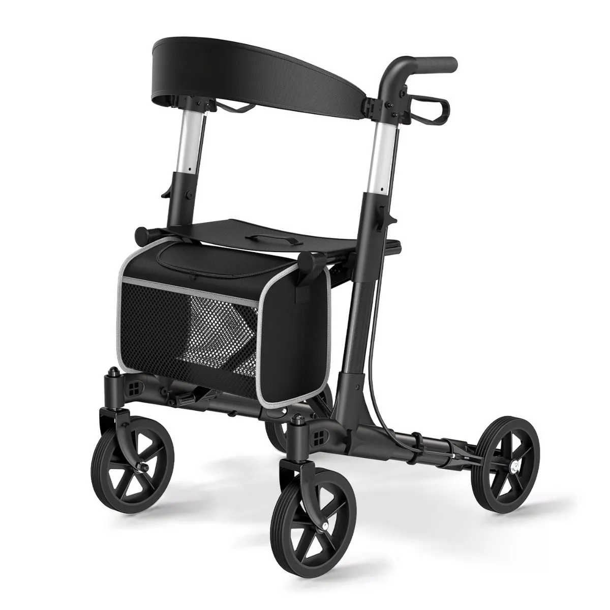 Adjustable Foldable 4-Wheel Rollator Walker - Black/Silver Mobility Aid