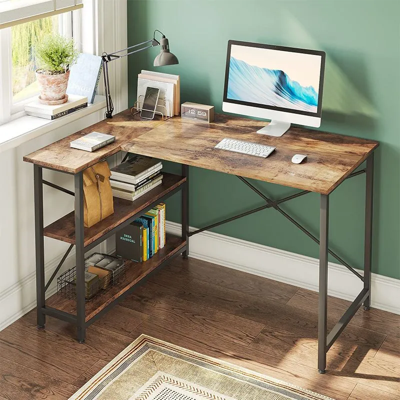 L-Shaped Desk,Pc Corner Desk 3-Layers of Storage,Steel Frame Wooden Table