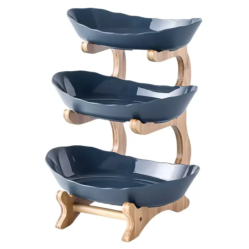 3-Tier Fruit Basket with Wooden Stand - Kitchen Organizer for Fruits - Green