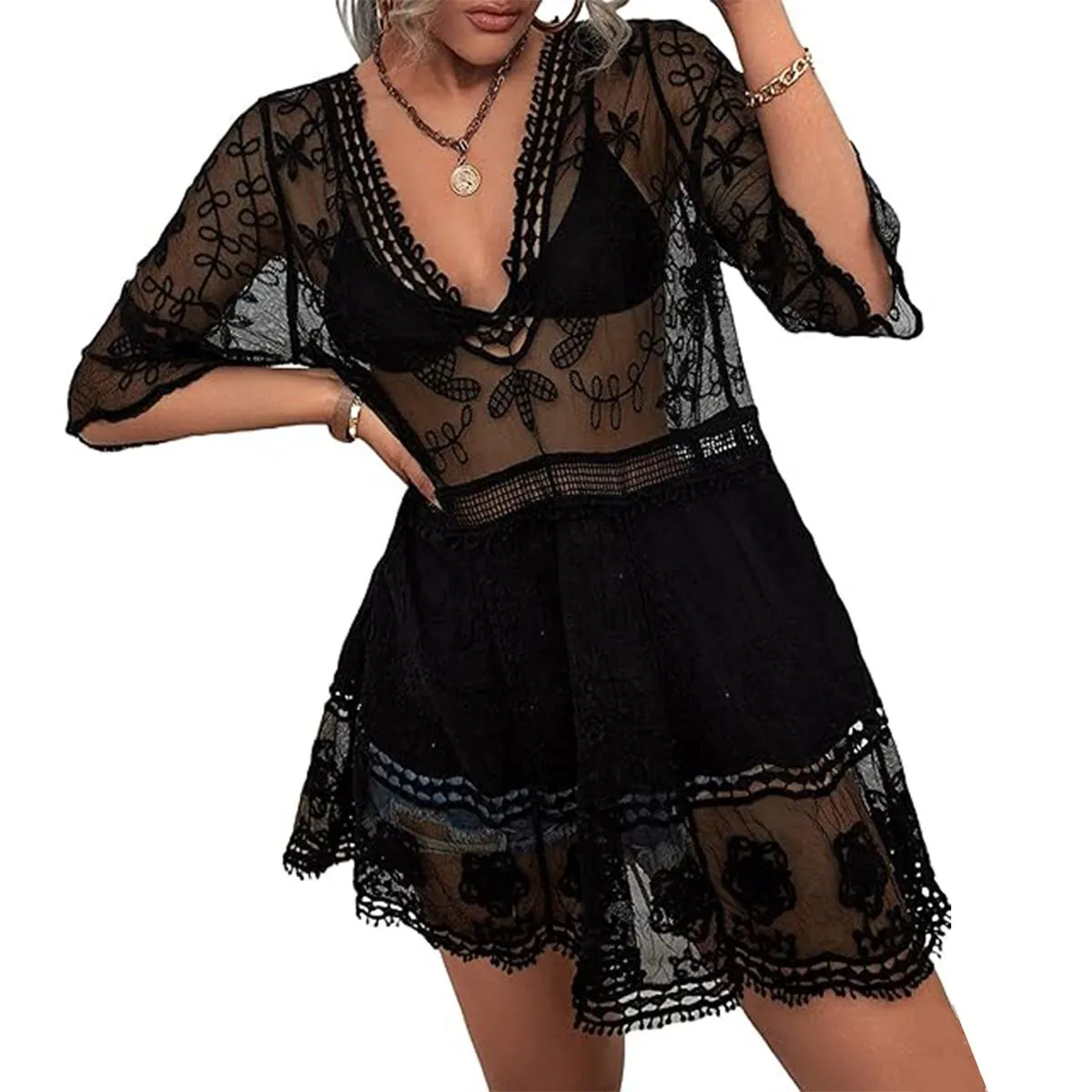 Women Lace Cover-up Bikini Swimwear Solid Color Beach Cover Up Beach - Black