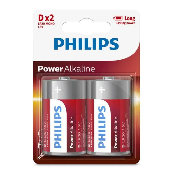 Philips - Power Alkaline LR20 D Batteries 15V 2 Pack
