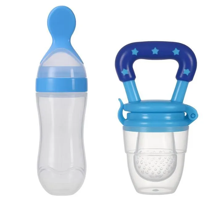 Silicone Baby Feeding Set - Squeeze Bottle & Fruit Feeder Pacifier - Blue