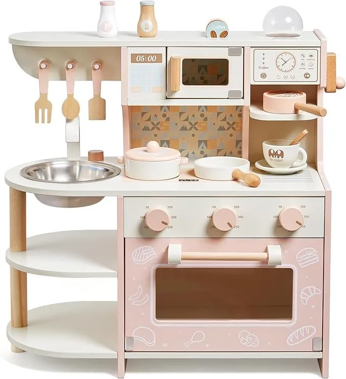 Wooden Kitchen with Kitchen Accessories Role Play Toy